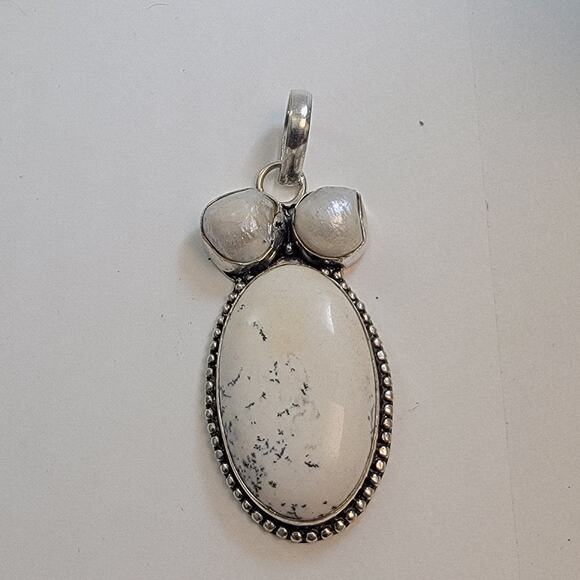 Necklace Pendants Dendritic Opal and Pearl Handmade Jewelry in Sterling Silver - Picture 2 of 10